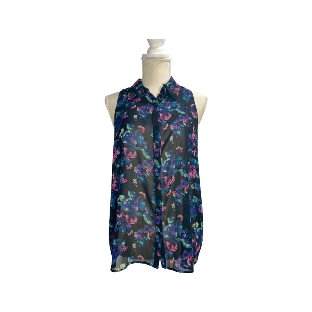 Dillard’s Chiffon Neon Floral Black Button-up Tank